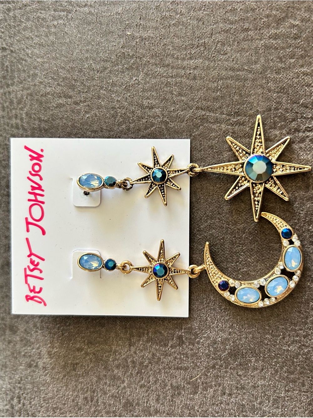 Betsey Johnson Gold Star & Moon Drop Earrings with Blue Gems